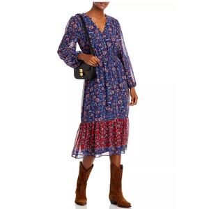 Aqua Navy Boho Floral Sheer Puff Sleeve Midi Dress Size Medium Cottage Core